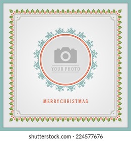 Christmas retro greeting card and place for photo. Merry Christmas holidays wish decoration vintage background.  Vector illustration Eps 10. 