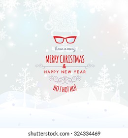 Christmas retro greeting card  with santa hat, mustache and glasses, vector christmas background