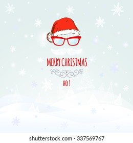 Christmas retro greeting card  with santa hat, mustache and glasses, vector christmas background