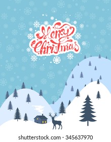 Christmas retro greeting card with winter landscape