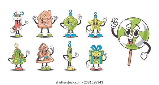 Christmas Retro Groovy Characters Set. Stocking with Sweets, Gingerbread House, Bauble and Star. Xmas Tree, Wrapped Gift
