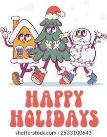 Christmas retro groovy mascot characters