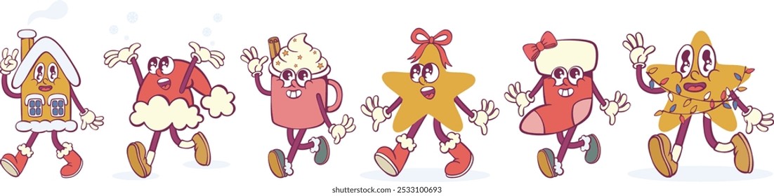 Christmas retro groovy mascot characters