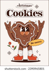 Christmas retro groovy poster with gingerbread man, ginger cookies. Trendy mascot character. Merry Christmas and happy new year. Vector illustration.