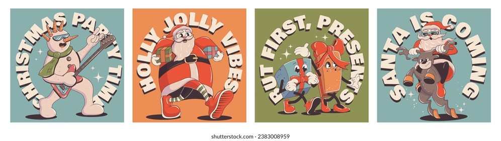 Christmas retro groovy posters, cards. Lettering illustration for t-shir print. Gingerbread man, Santa, Snowman rock, Walking gifts. Mascots . Merry Christmas and happy new year. Vector illustration.