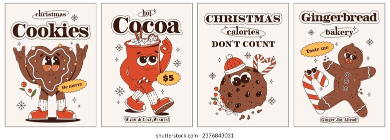 Christmas retro groovy posters set with food. Gingerbread man, ginger cookies, hot cocoa. Cookie bakery. Mascots of sweets. Merry Christmas and happy new year. Vector illustration. 