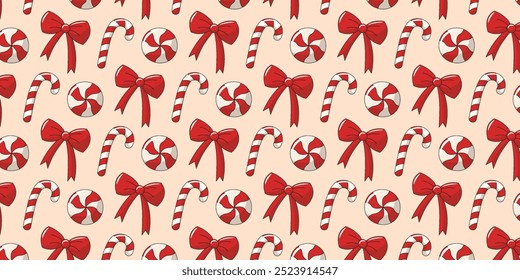 Christmas retro groovy seamless pattern with red Candy Cane, bow and lollipop, candy. New Year winter vector background.