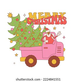 Christmas retro groovy truck with Santa Claus character carrying Xmas tree spruce with decorative balls and garland. Vintage linear vector with text Merry Christmas.