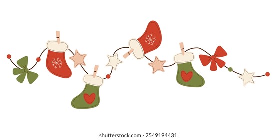 Christmas Retro Handmade decoration garland. Vintage sewn toys red and green Xmas stockings, star and bow. Vector illustration. Holiday decor on white background