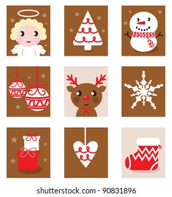 Christmas retro icon blocks isolated on white ( red & brown )