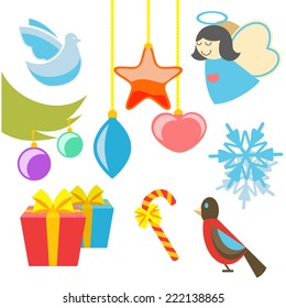 Christmas retro icons, elements and illustrations of angel tree star dove bird gift