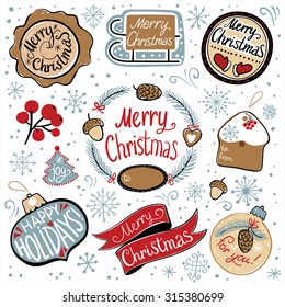 Christmas Retro Icons, Elements And Illustrations Set. Christmas typography, handwriting. Design gifts