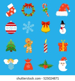 Christmas retro icons elements and illustrations decoration gift snowflake tree snowman. 