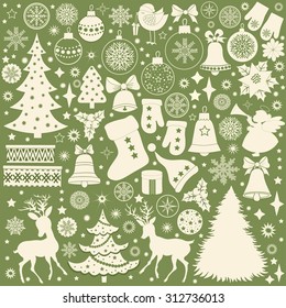 Christmas retro icons, set of Christmas elements on green background