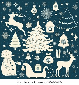 Christmas retro icons, set of Christmas elements on blue background