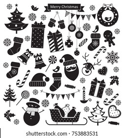 Christmas retro icons set. Vintage elements, black and white. Vector illustration. Isolated on white.