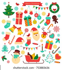 Christmas retro icons set. Vintage elements. Vector illustration. Isolated on white.