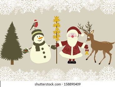 Christmas retro icons with snowman, santa claus, fir and deer