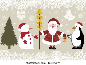 Christmas retro icons with snowman, santa claus, fir and penguin