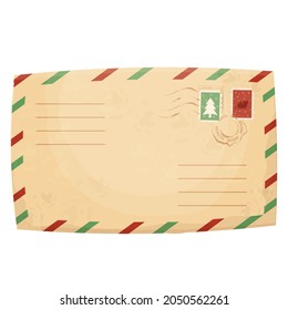 Christmas retro letter, envelope with stamp, seal in cartoon style isolated on white background. Greeting, decoration. Vintage textured paper. . Vector illustration