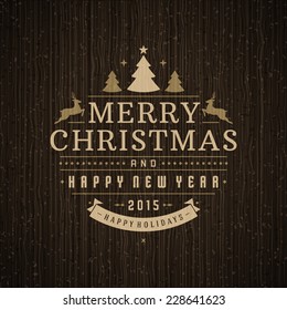 Christmas retro ornament decoration vector background. Merry Christmas holidays wish greeting card design and wood texture. Happy new year message. Vector illustration. 