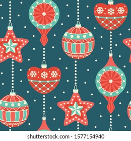 Christmas retro ornaments seamless pattern. Winter background. Colorful vector illustration.