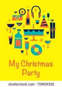 Christmas Retro Party cartoon illustration. Invitation card design. Greeting Card. Set of party items: glassses, disk, wine, champaigne, photo, presents, gifts, birthday cake. Vector illustration.