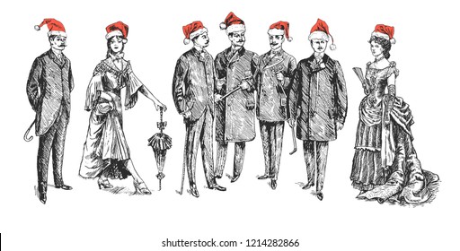 Christmas retro party. ladies and gentlemen. Man and woman figure collection. Group of people in red Santa's hat. Vintage Hand Drawn Set. Retro Illustration in ancient engraving style