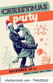 Christmas retro party poster template. Private dancers. Music gramophone, fir-tree, stars. Vintage vector lineart engraving style. Art Deco Gatsby Epoch 1920's 1930's and 1940's style