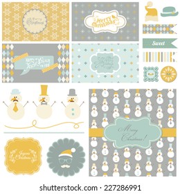 Christmas Retro Party Set. Cards, ribbons, labels, masks in vector