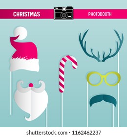 Christmas Retro Party set of Glasses, Hats, Moustaches, Beard, Masks for photobooth props in vector