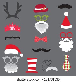 Christmas Retro Party set - Glasses, hats, lips, mustaches, masks - for design, photo booth in vector