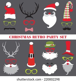 Christmas Retro Party set - Glasses, hats, lips, mustaches, masks - for design, photo booth in vector