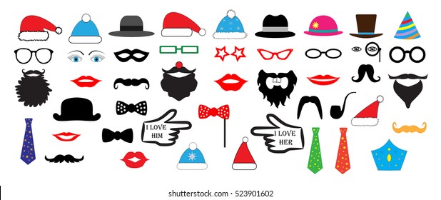 Christmas Retro Party set - Glasses, hats, lips, mustaches, masks - for design, photo booth in vector, illustration