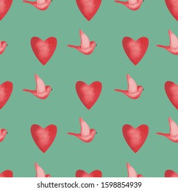 Christmas retro pattern with doves and hearts