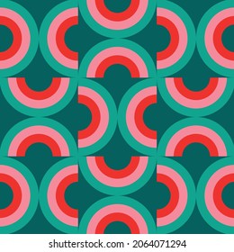 Christmas Retro Pattern in Green, Pink, Red and Beige, xmas vector pattern design, 60s and 70s retro aesthetic style