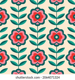 Christmas Retro Pattern in Green, Pink, Red and Beige, xmas vector pattern design, 60s and 70s retro aesthetic style