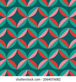 Christmas Retro Pattern in Green, Pink, Red and Beige, xmas vector pattern design, 60s and 70s retro aesthetic style