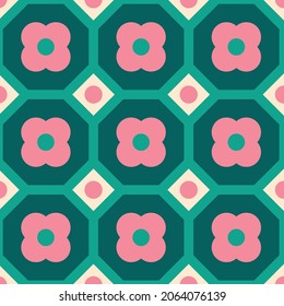 Christmas Retro Pattern in Green, Pink, Red and Beige, xmas vector pattern design, 60s and 70s retro aesthetic style