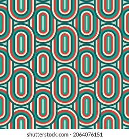 Christmas Retro Pattern in Green, Pink, Red and Beige, xmas vector pattern design, 60s and 70s retro aesthetic style