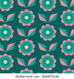 Christmas Retro Pattern in Green, Pink, Red and Beige, xmas vector pattern design, 60s and 70s retro aesthetic style