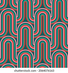 Christmas Retro Pattern in Green, Pink, Red and Beige, xmas vector pattern design, 60s and 70s retro aesthetic style