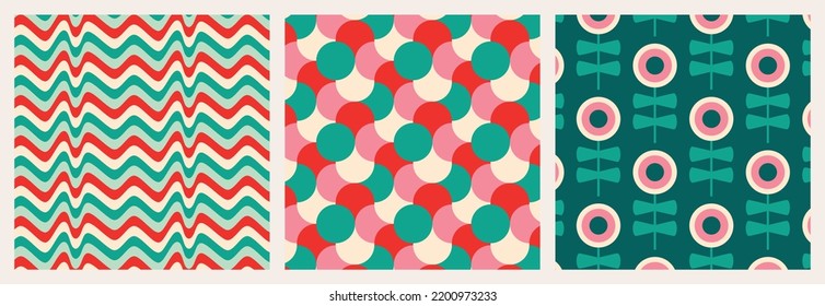 Christmas Retro Patterns Bundle Set in Green, Turquoise Pink, Red and Beige, xmas vector pattern design, 60s and 70s retro aesthetic style
