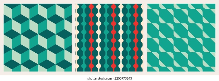 Christmas Retro Patterns Bundle Set in Green, Turquoise Pink, Red and Beige, xmas vector pattern design, 60s and 70s retro aesthetic style
