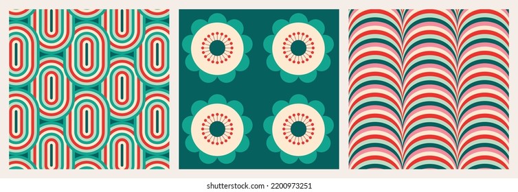 Christmas Retro Patterns Bundle Set in Green, Turquoise Pink, Red and Beige, xmas vector pattern design, 60s and 70s retro aesthetic style
