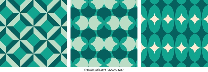 Christmas Retro Patterns Bundle Set in Green, Turquoise Pink, Red and Beige, xmas vector pattern design, 60s and 70s retro aesthetic style
