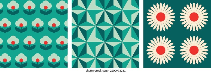 Christmas Retro Patterns Bundle Set in Green, Turquoise Pink, Red and Beige, xmas vector pattern design, 60s and 70s retro aesthetic style
