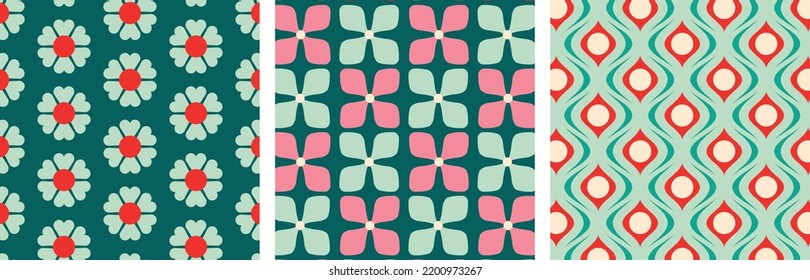 Christmas Retro Patterns Bundle Set in Green, Turquoise Pink, Red and Beige, xmas vector pattern design, 60s and 70s retro aesthetic style
