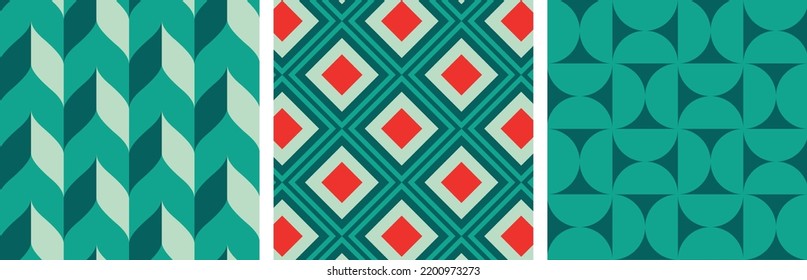 Christmas Retro Patterns Bundle Set in Green, Turquoise Pink, Red and Beige, xmas vector pattern design, 60s and 70s retro aesthetic style
