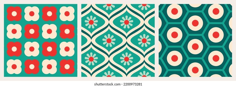 Christmas Retro Patterns Bundle Set in Green, Turquoise Pink, Red and Beige, xmas vector pattern design, 60s and 70s retro aesthetic style

